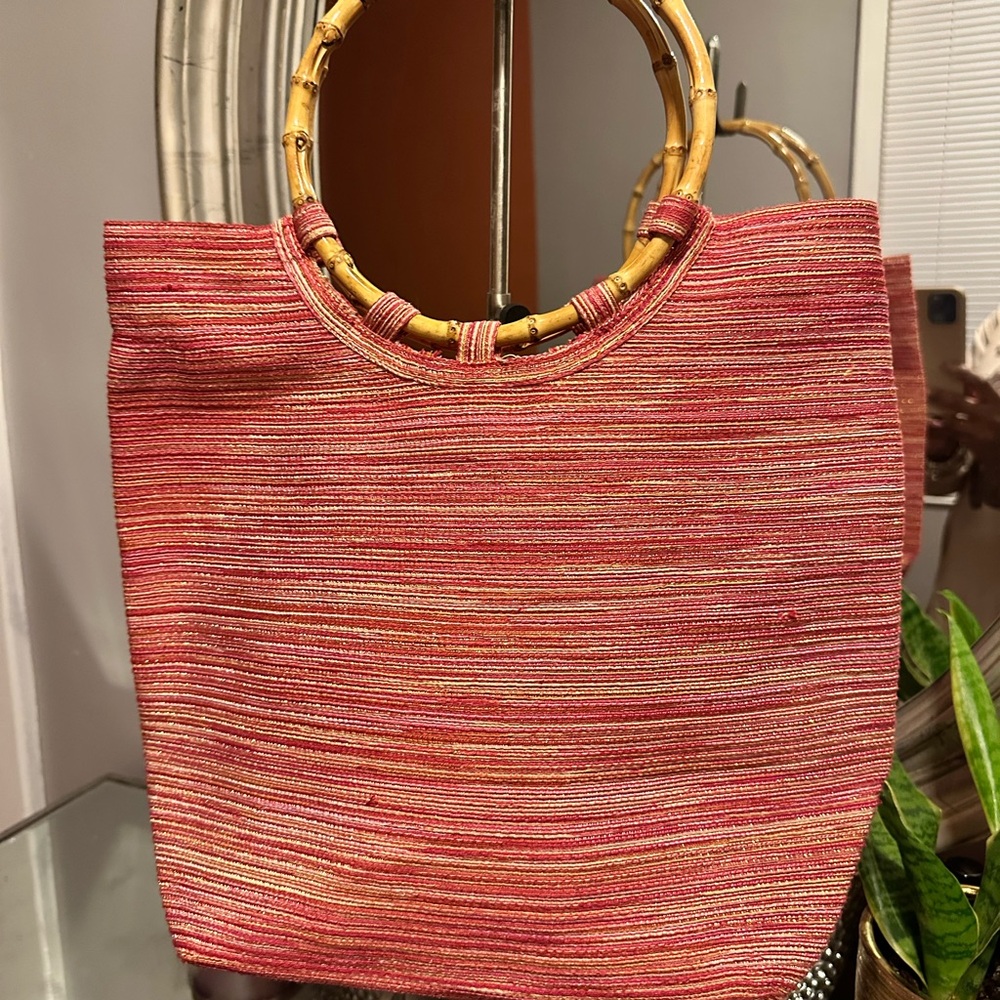 Cappelli Straworld Pink and Red Tote with Bamboo Handles